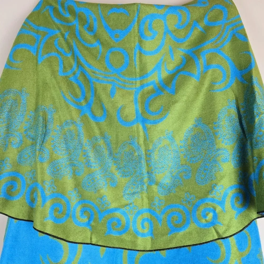 Pashmina Womens Reversible‎ Cape Gree Blue Paisley Cashmere Wrap Shawl One Size.